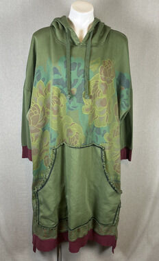 Monthorigin Hoodie Sweatshirt Dress Oversized Midi Green Burgundy Pockets Floral